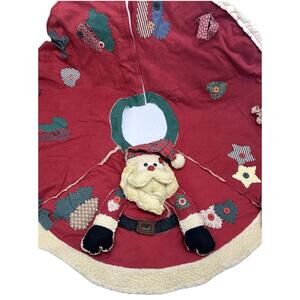 Vintage Santa Claus Christmas Tree Skirt 39" Red Patchwork Button Accents‎ Velcr